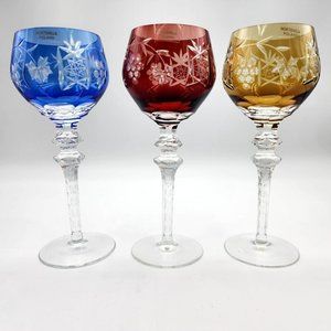 Hortensja Poland Mid Century Crystal Wine Glasses Hand Cut 8.2" Blue Red & Amber